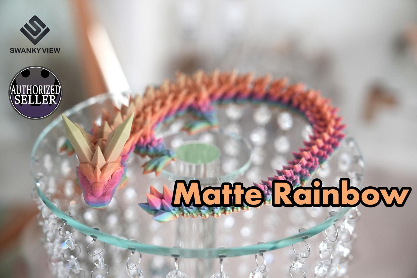 Matte Rainbow Crystal Dragon resting on top of a luxurious stand in a bedroom.