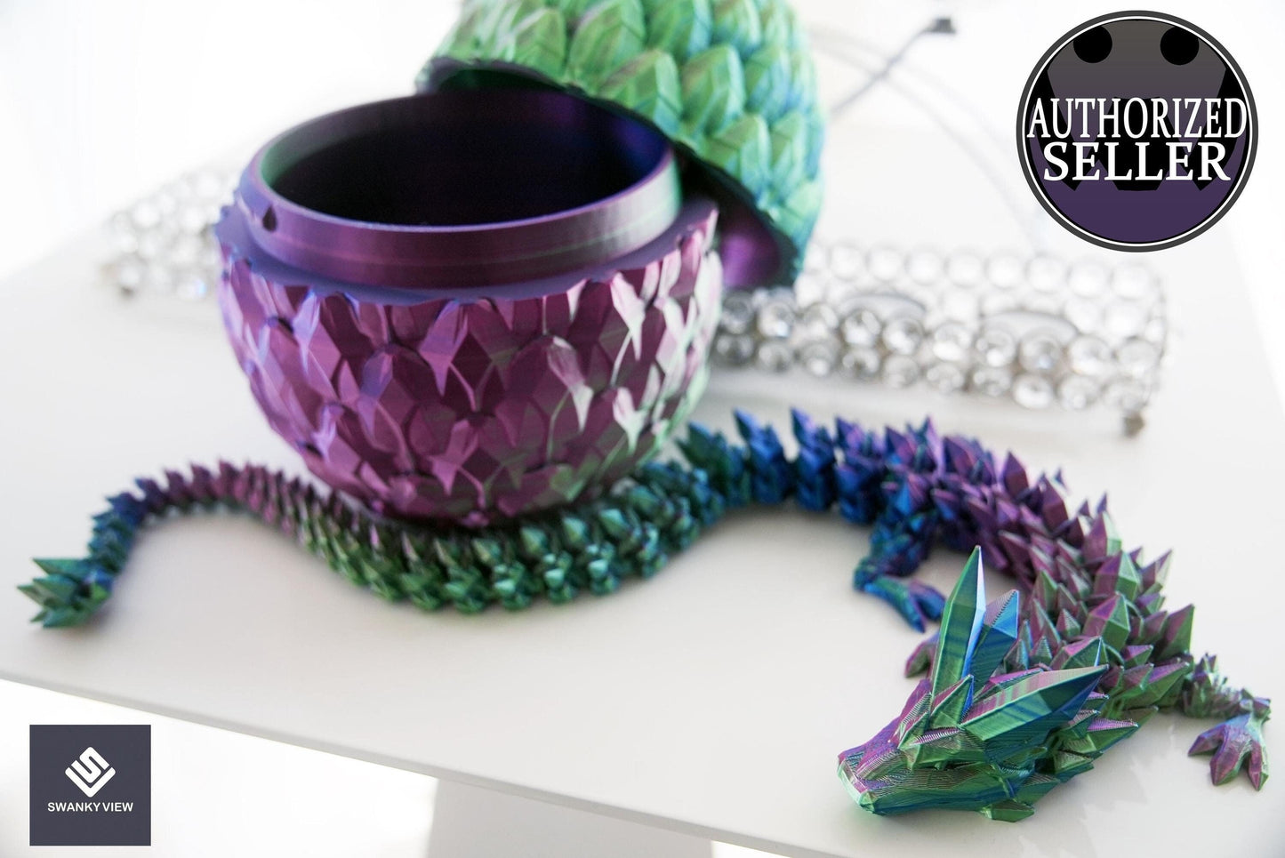 Articulated Crystal Dragon posing next to Dragon egg.