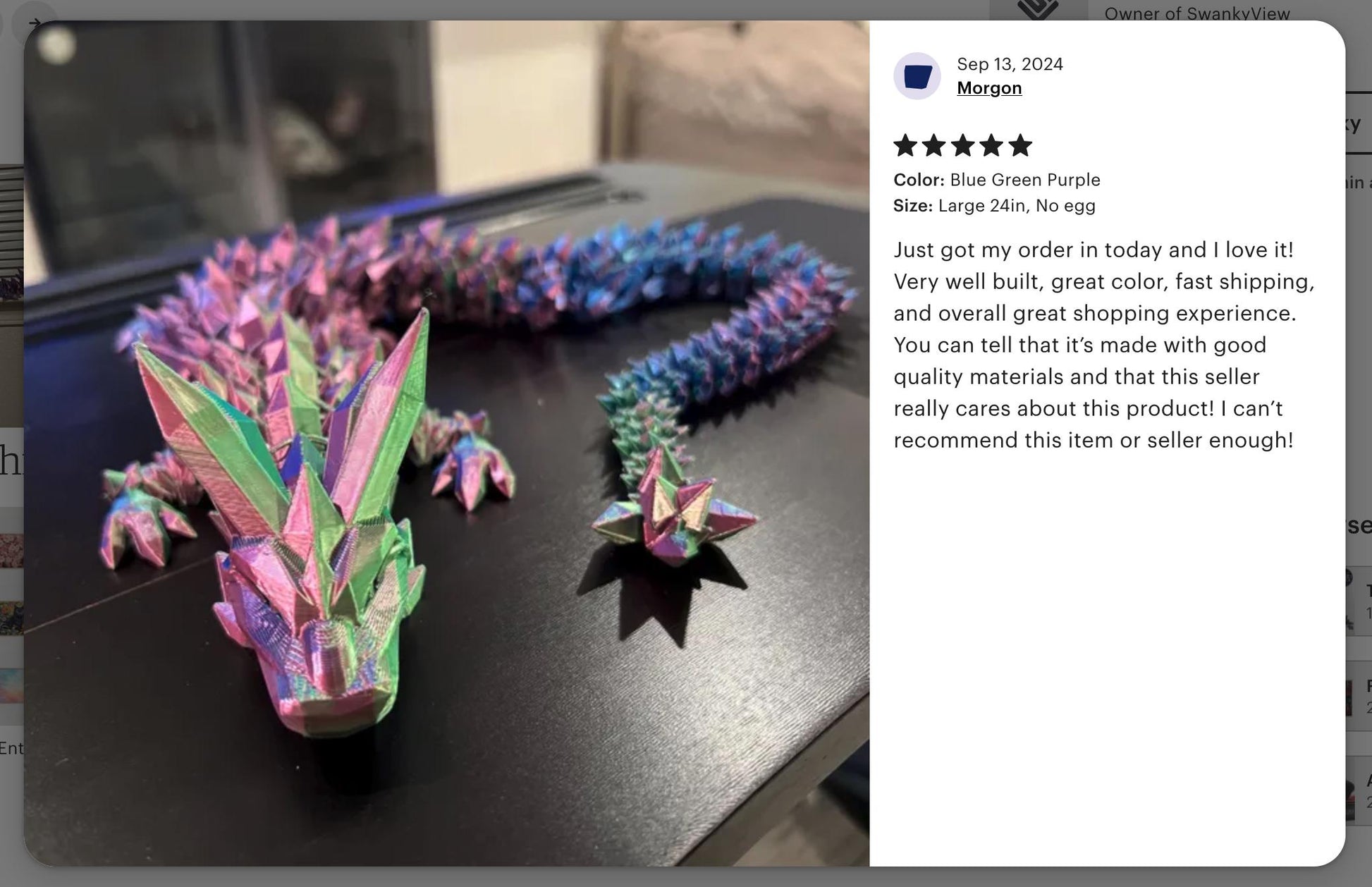 Happy Customer Review with a closeup picture of their Crystal Dragon
