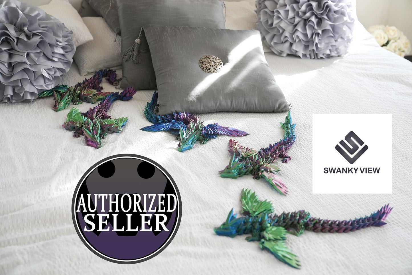 5 Crystal Wing Dragons resting on a luxurious bed