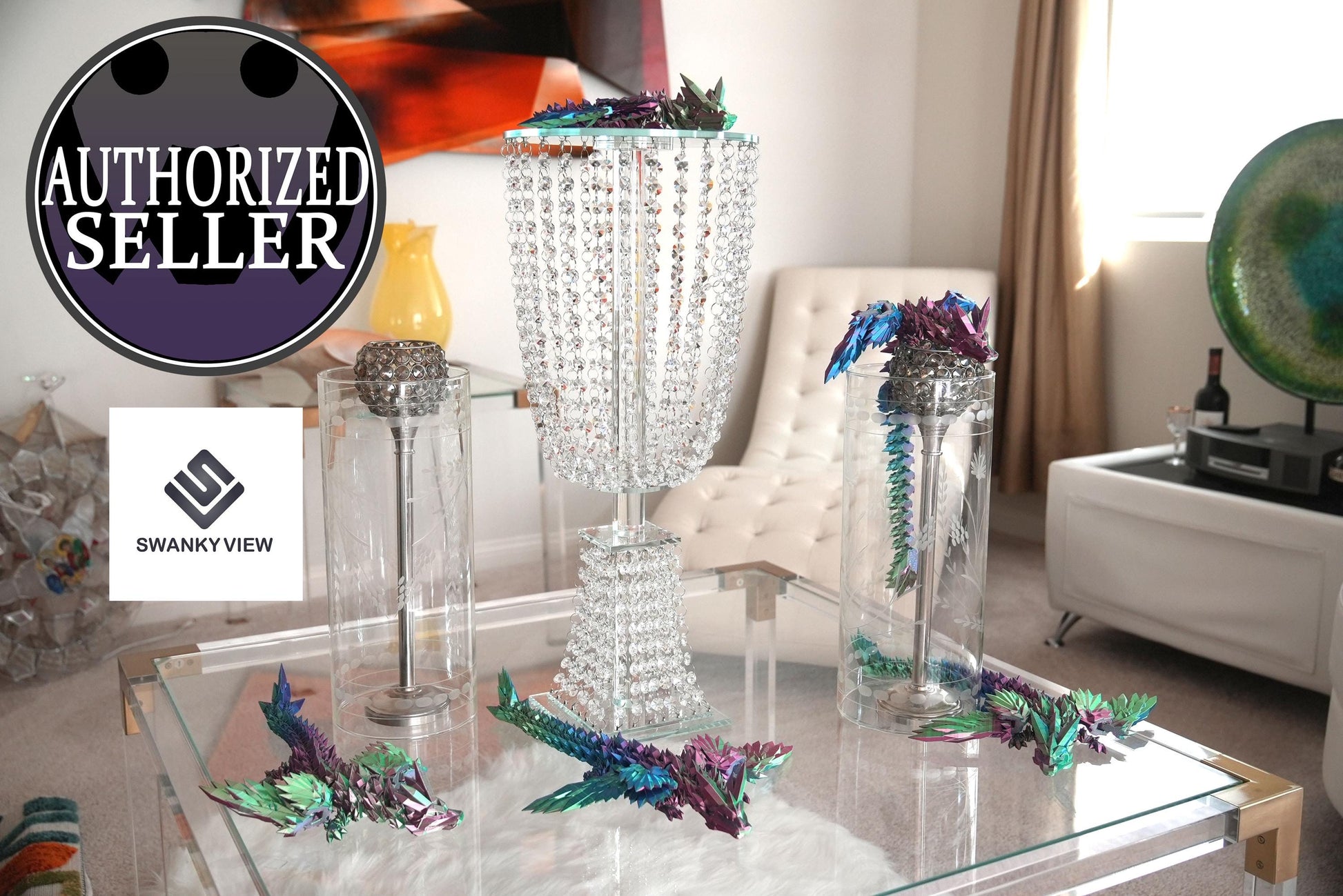 5 Crystal Wing Dragons displayed in a luxurious room