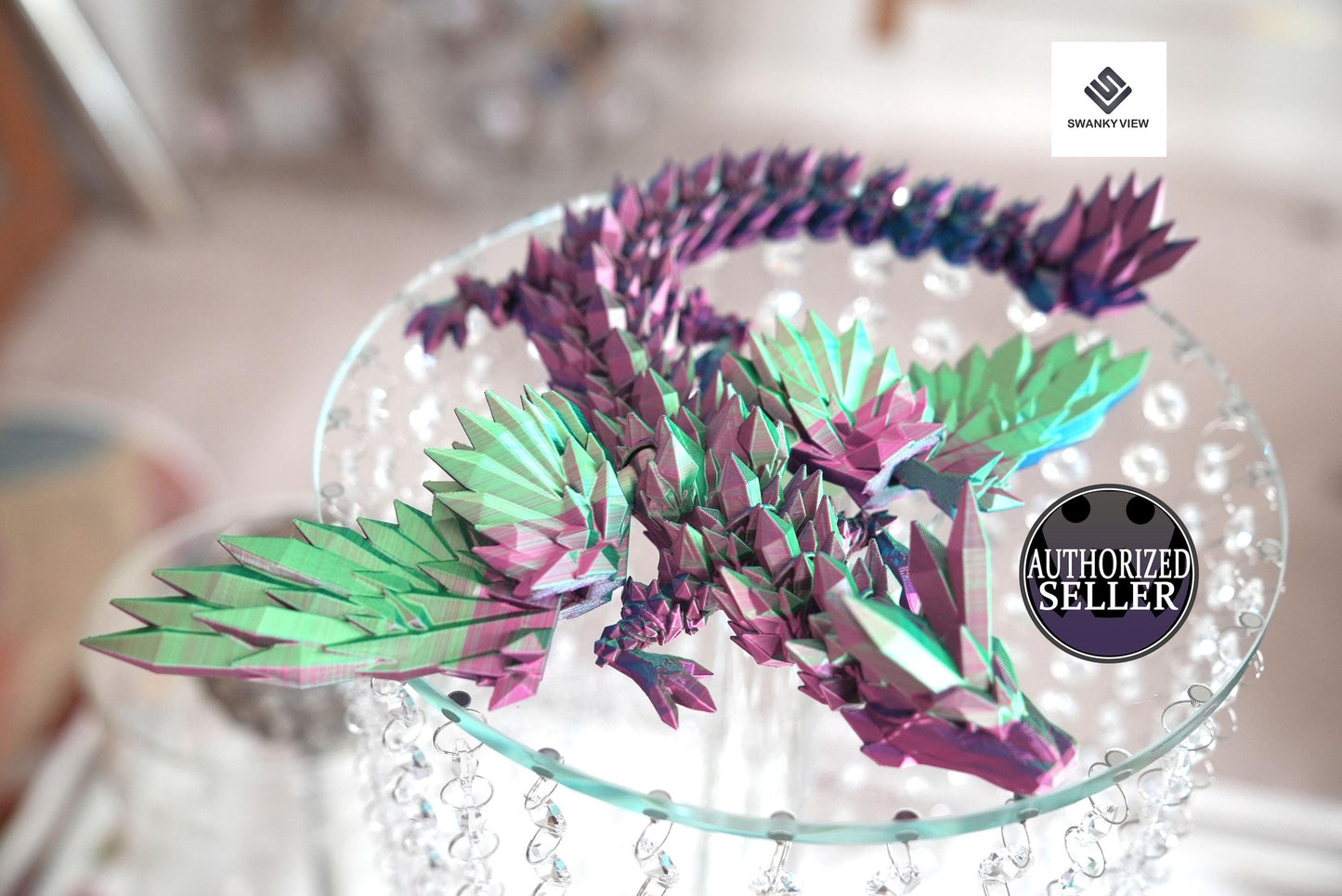 Crystal Wing Dragon Closeup while resting on a luxurious stand.