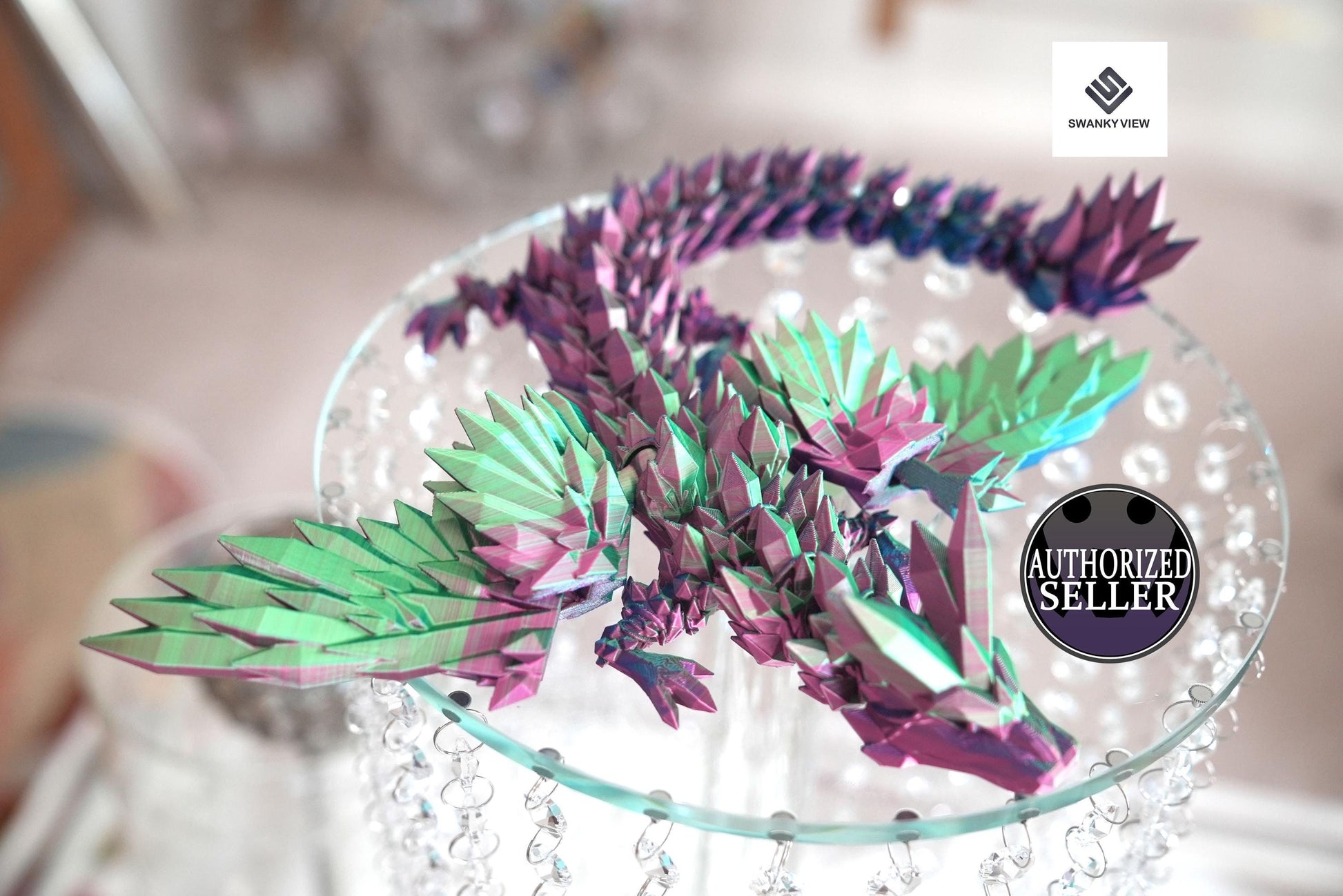 Crystal Wing Dragon Closeup while resting on a luxurious stand.