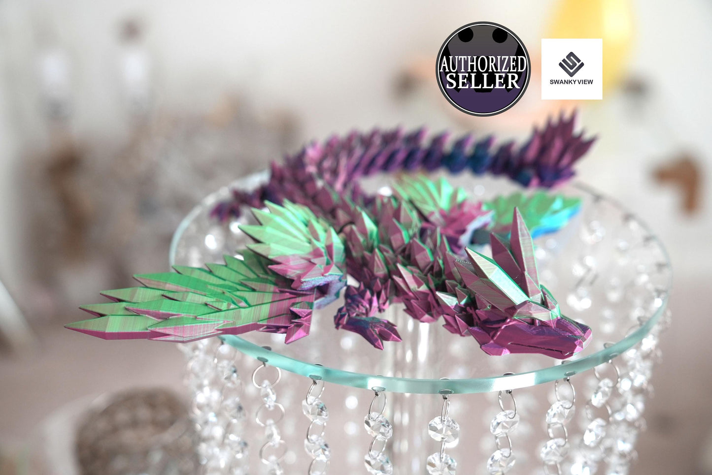 Closeup of Crystal Dragon with wings open wide.