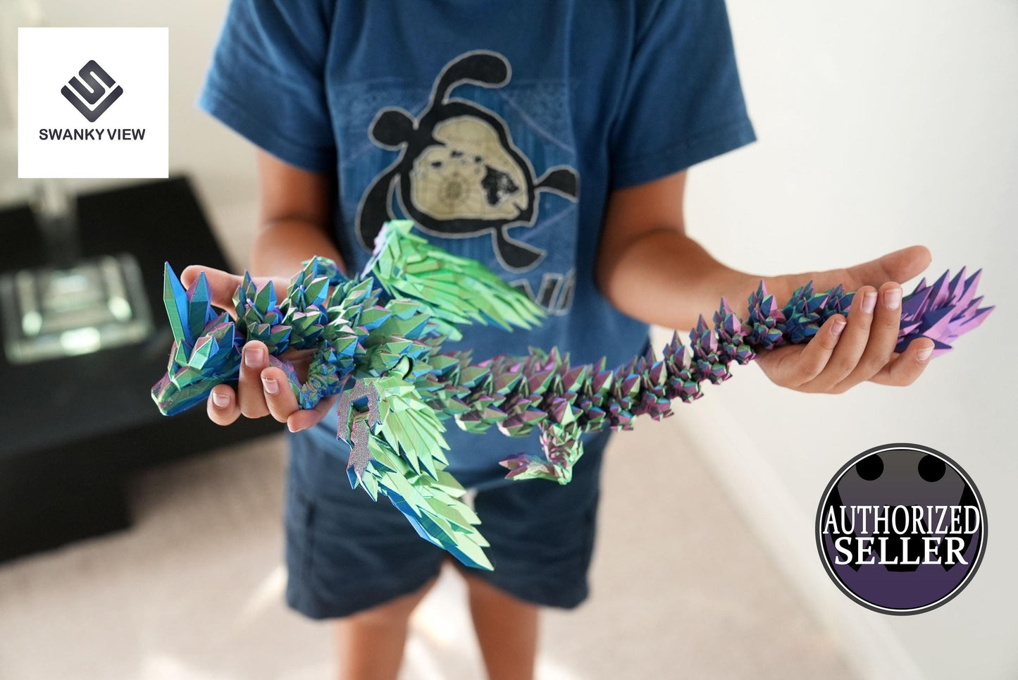 Child holding a large 18 inch Articulated Winged Crystal Gem Dragon
