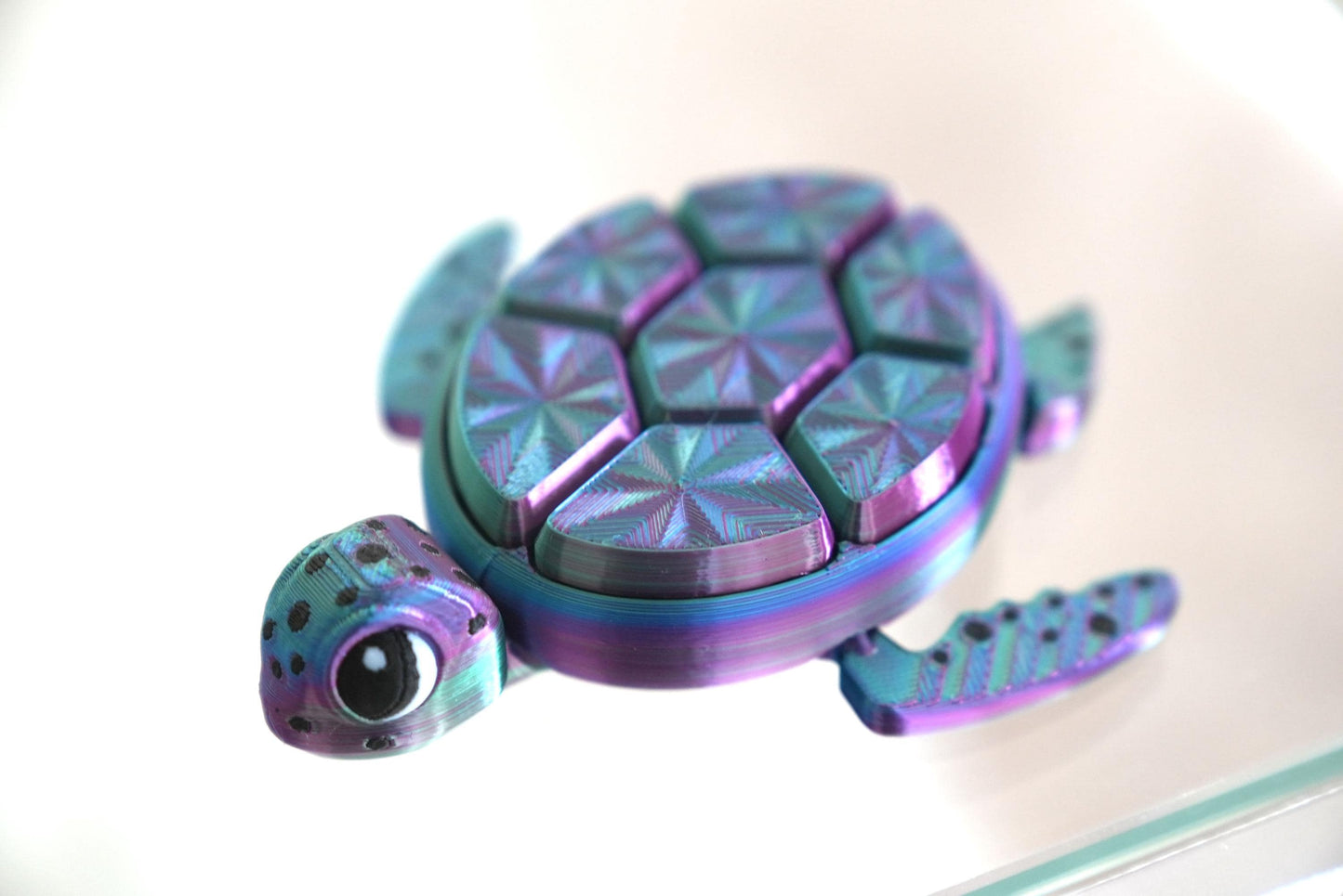 Closeup of Tri-color Turtle Fidget Clicker on a luxurious stand.